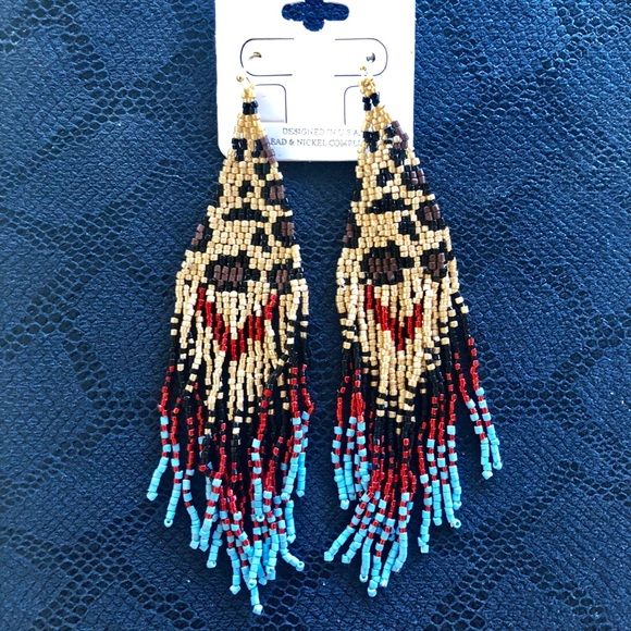 NEW Leopard Print Beaded Fringe Earrings - Picture 1 of 3